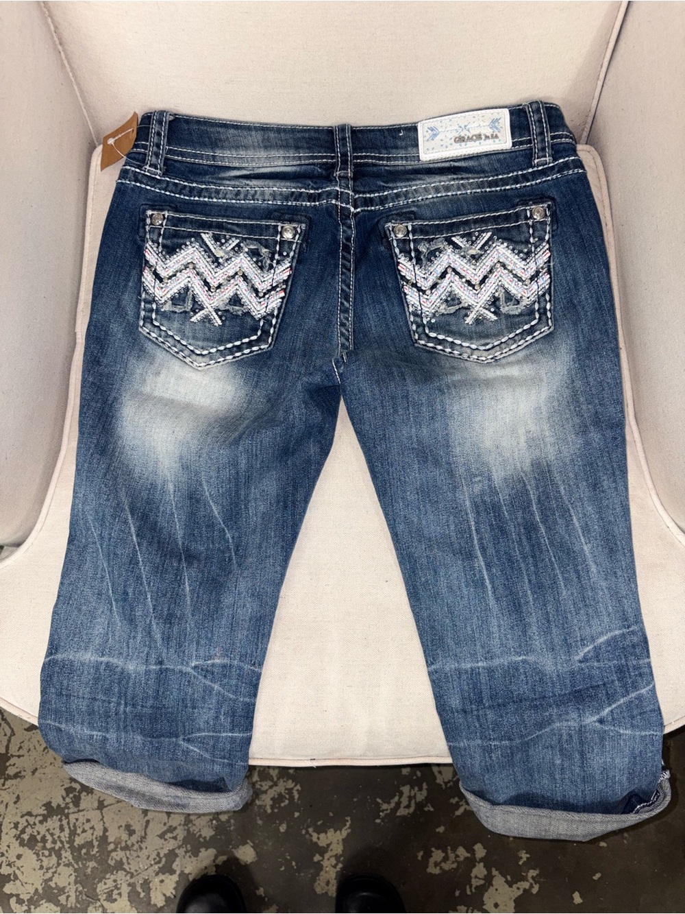 Grace In LA Women's Boyfriend Jeans with Embellished Chevron Pockets - Blue